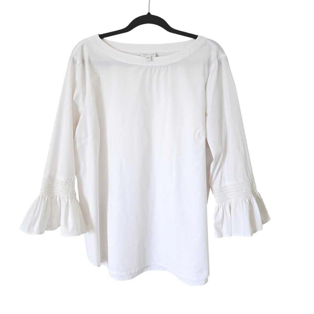 J Jill White Shirt Collection Smocked Ruffle Bell Sleeve Boat Neck Top Large